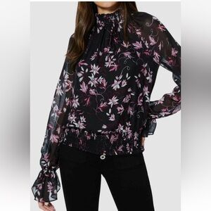 Ramy Brook Keisha black and pink Floral mock neck Women's Top blouse